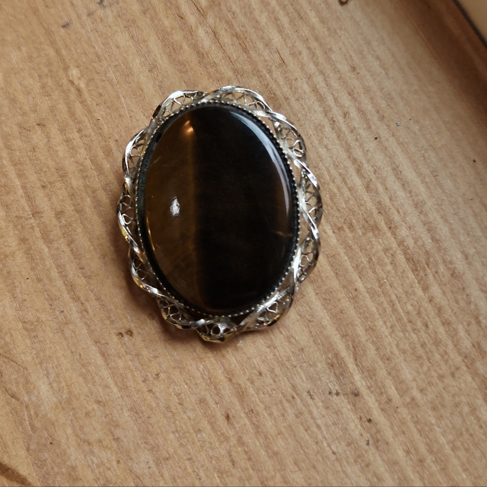 Vintage Tiger's Eye Brooch Sterling Silver Pendant Brooch Boho